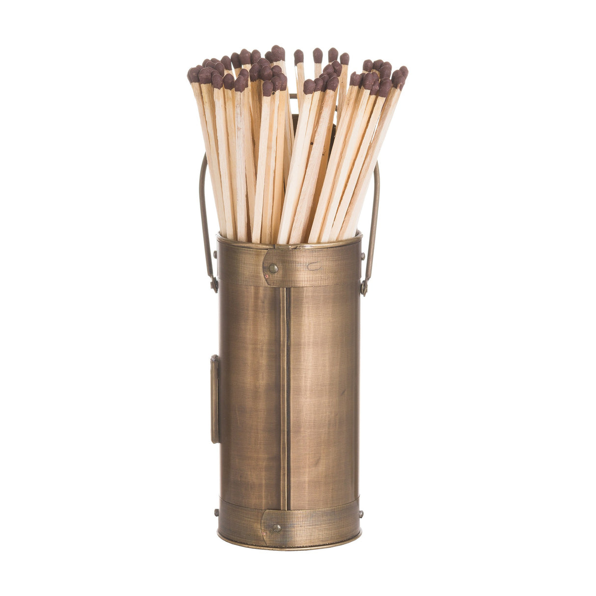 Hill Interiors antique bronze matchstick holder, a tall cylindrical metal canister with side handle, filled with long wooden matches with brown tips.