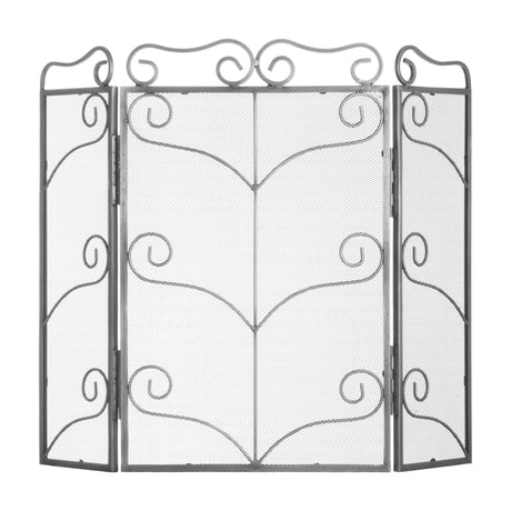 Hill Interiors large three-panel fire screen in antique silver metal with scrolled mesh design, shown on a plain white background.