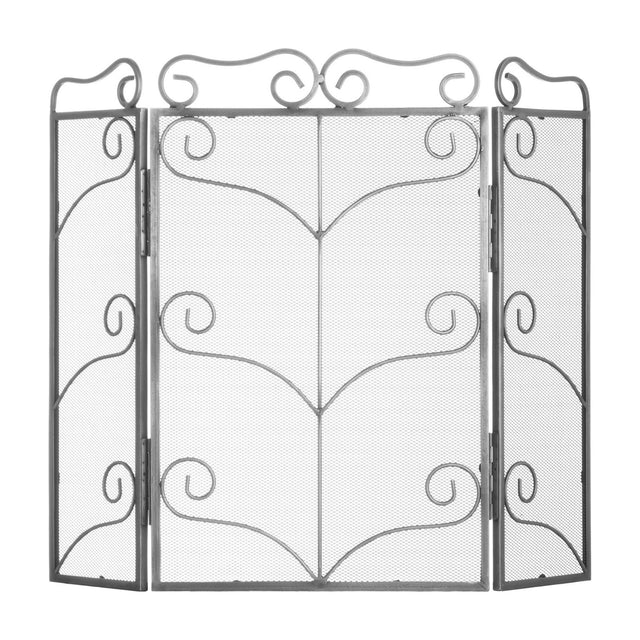 Hill Interiors large three-panel fire screen in antique silver metal with scrolled mesh design, shown on a plain white background.