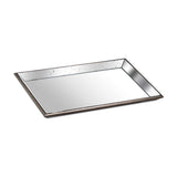 Hill Interiors large rectangular mirrored serving tray with distressed silver glass surface and wooden trim, shown on a plain white background.
