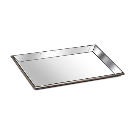 Hill Interiors large rectangular mirrored serving tray with distressed silver glass surface and wooden trim, shown on a plain white background.
