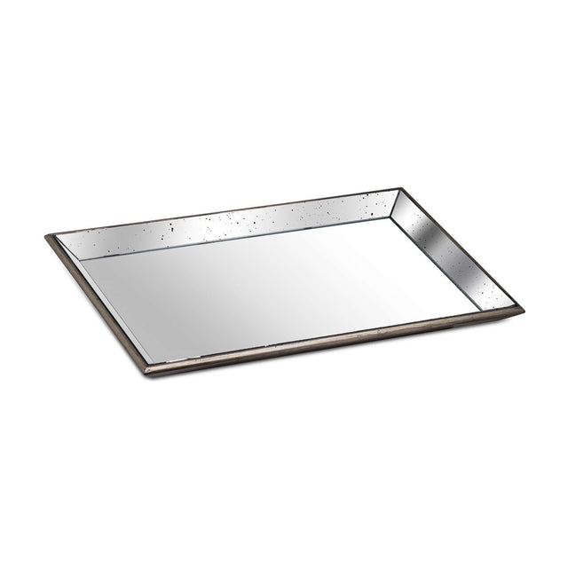 Hill Interiors large rectangular mirrored serving tray with distressed silver glass surface and wooden trim, shown on a plain white background.