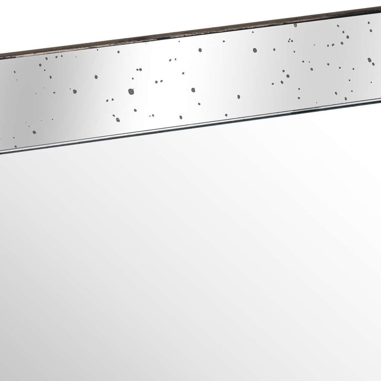 Close-up of Hill Interiors Distressed Large Mirrored Tray showing the silver mirrored surface with speckled distressing and slim wooden trim edge.
