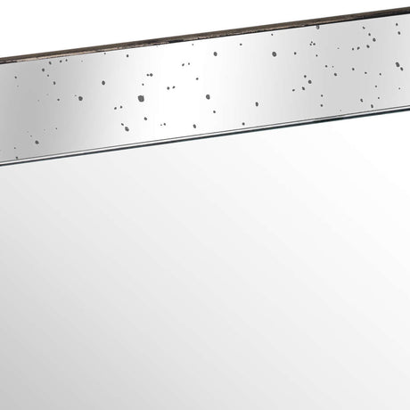 Close-up of Hill Interiors Distressed Large Mirrored Tray showing the silver mirrored surface with speckled distressing and slim wooden trim edge.