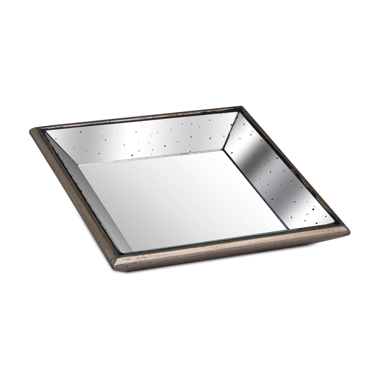 Hill Interiors distressed mirrored square tray with wooden trim in silver, shown from above on a plain white background.