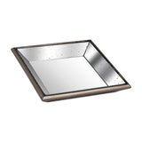 Hill Interiors distressed mirrored square tray with wooden trim in silver, shown from above on a plain white background.
