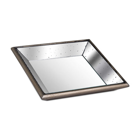 Hill Interiors distressed mirrored square tray with wooden trim in silver, shown from above on a plain white background.