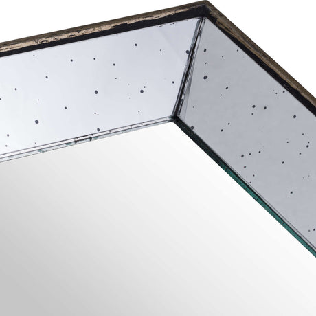 Close-up of Hill Interiors Distressed Mirrored Square Tray in silver, showing the corner with speckled antiqued glass panels and a worn wooden trim edge.