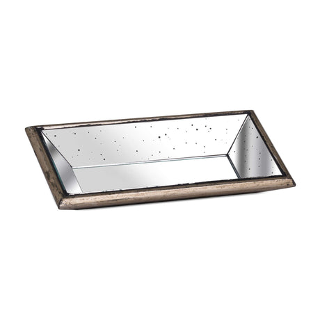 Hill Interiors Distressed Mirrored Display Tray with wooden trim in silver, rectangular shape with antiqued mirrored surface, shown on a plain white background.