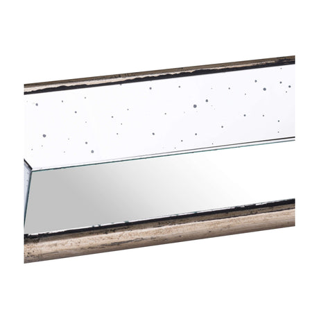 Close-up of Hill Interiors Distressed Mirrored Display Tray showing the silver speckled glass surface, angled mirrored side panel and worn wooden trim edge.
