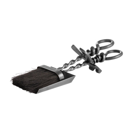 Hill Interiors hearth tidy companion set with twisted silver metal handles, loop grips, and a brush and shovel pair on a white background.