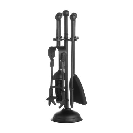 Hill Interiors Ball Topped Companion Set in matt black metal, with poker, brush, shovel and tongs on a ball-finial stand with round base.