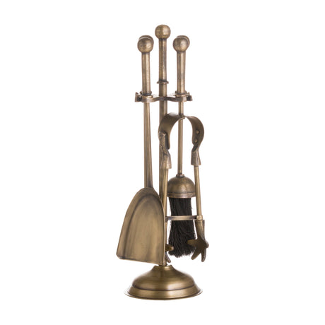 Hill Interiors Ball Topped Companion Set in antique brass, featuring poker, brush, shovel and tongs on a round-based stand against a white background.