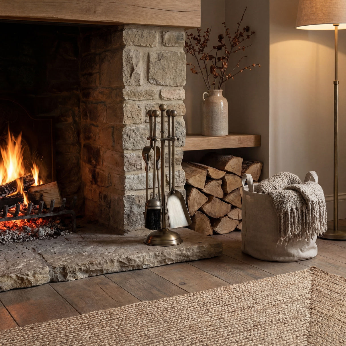 Hill Interiors Ball Topped Companion Set in antique brass beside a stone fireplace with logs stacked, woven basket, and floor lamp in a cosy living room.