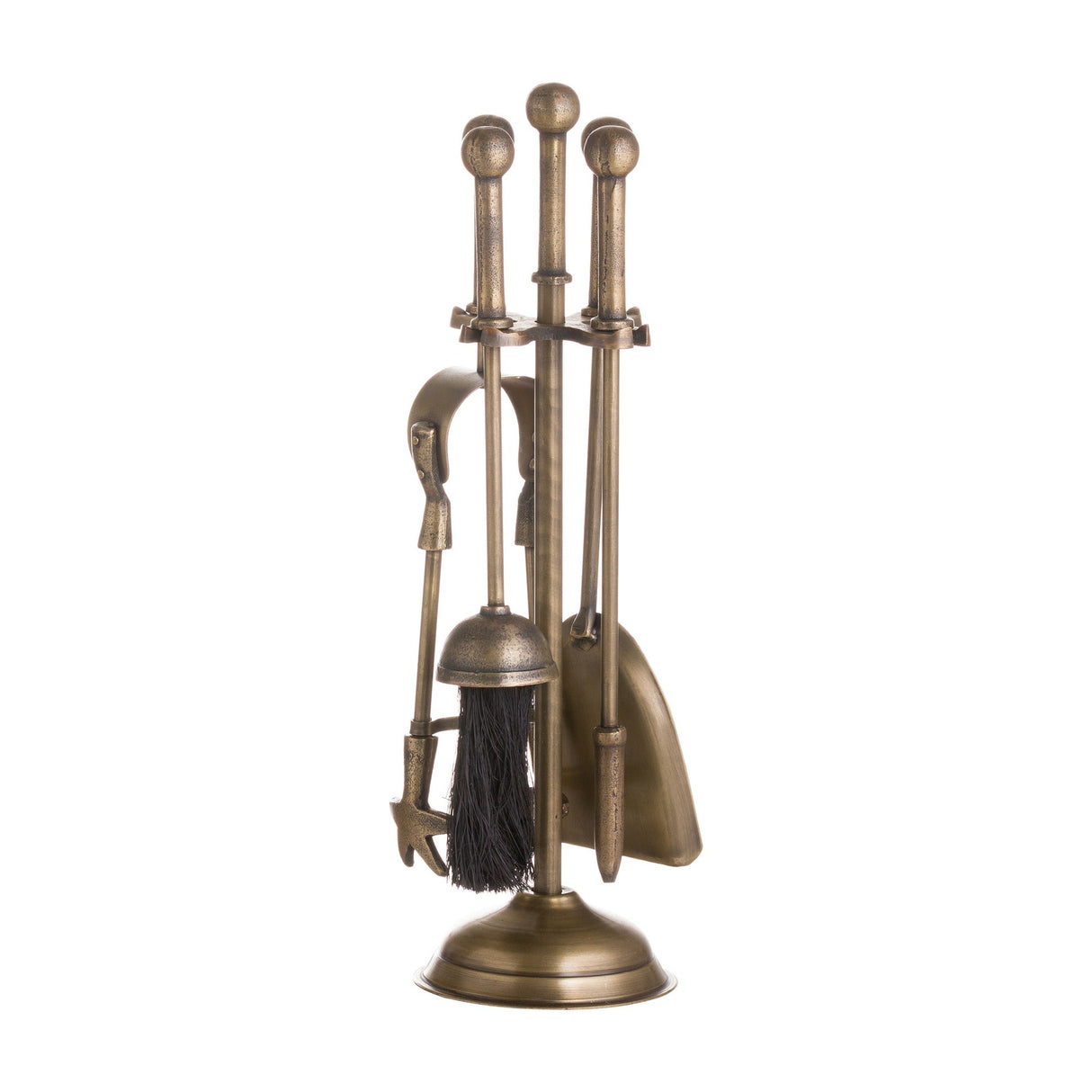 Hill Interiors Ball Topped Companion Set in antique brass with poker, brush, shovel and tongs on a round-based stand, shown against a white background.