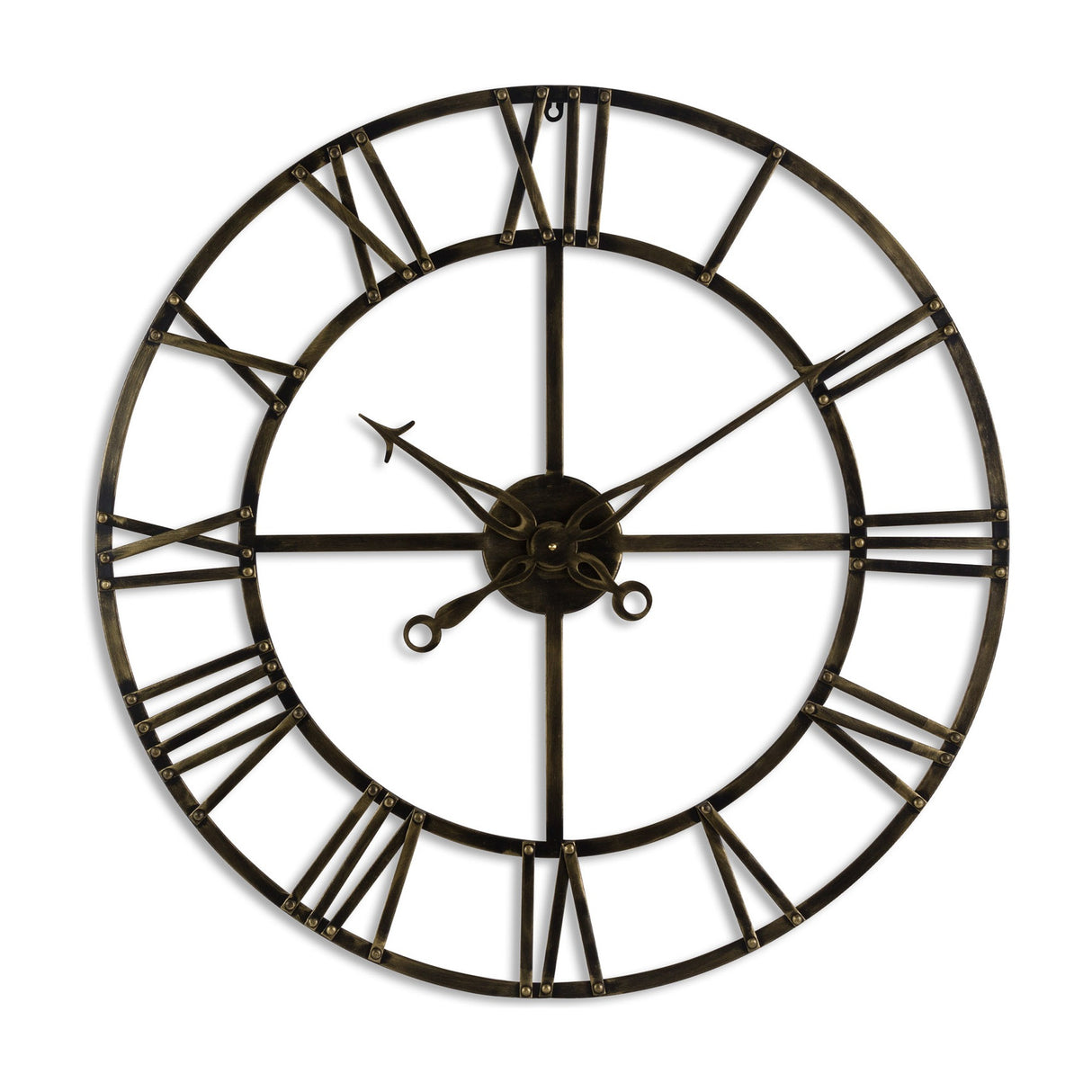 Hill Interiors small antique brass skeleton wall clock with open metal frame, Roman numerals and slim pointers, shown on a plain white background.