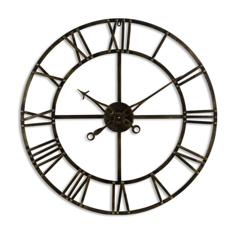 Hill Interiors small antique brass skeleton wall clock with open metal frame, Roman numerals and slim pointers, shown on a plain white background.