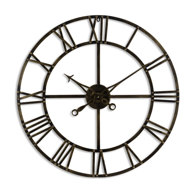 Hill Interiors small antique brass skeleton wall clock with open metal frame, Roman numerals and slim pointers, shown on a plain white background.
