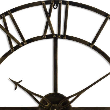 Close-up of Hill Interiors Small Antique Brass Skeleton Wall Clock showing riveted metal frame, Roman numerals and slim pointers in aged brass finish.