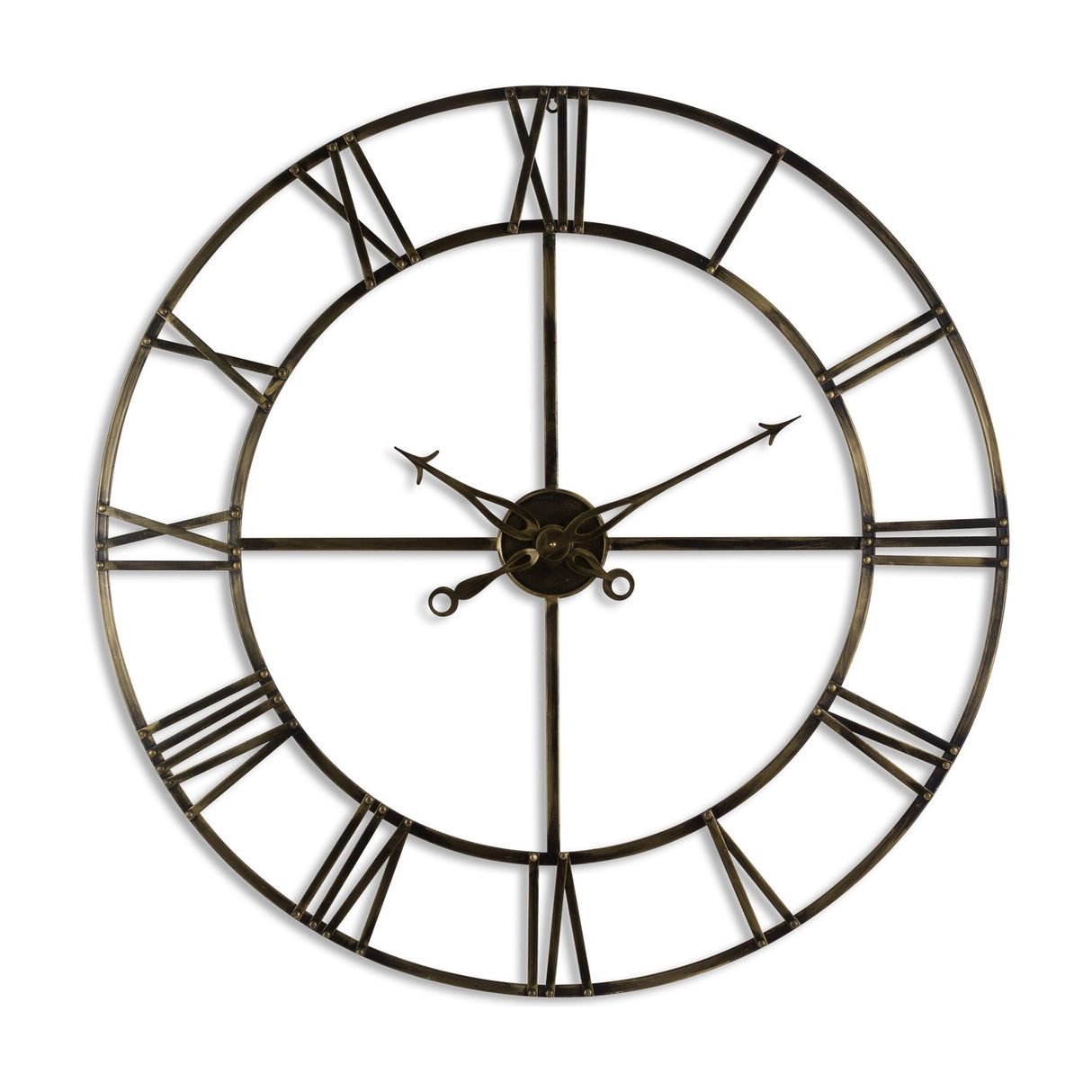 Hill Interiors Large Antique Brass Skeleton Wall Clock with openwork metal frame, Roman numerals and arrow hands on a plain white background.