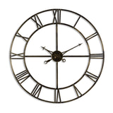 Hill Interiors Large Antique Brass Skeleton Wall Clock with openwork metal frame, Roman numerals and arrow hands on a plain white background.