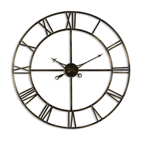 Hill Interiors Large Antique Brass Skeleton Wall Clock with openwork metal frame, Roman numerals and arrow hands on a plain white background.