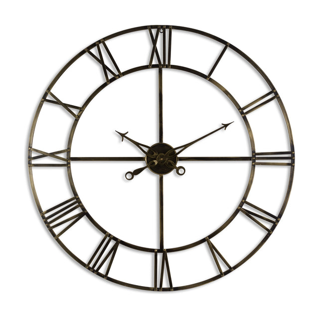 Hill Interiors Large Antique Brass Skeleton Wall Clock with openwork metal frame, Roman numerals and arrow hands on a plain white background.