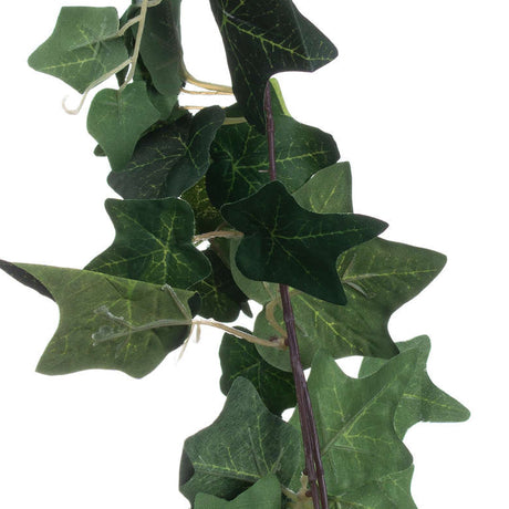 Close-up of Hill Interiors Faux Ivy Garland 200cm showing moulded polyester leaves with natural green veining along a flexible wire-cored stem.