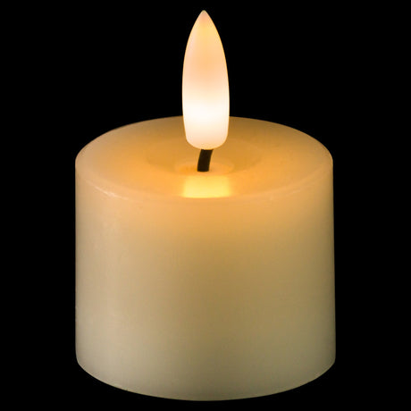 Hill Interiors LED tealight candle in beige plastic with a glowing flame-shaped tip, shown lit against a black background.