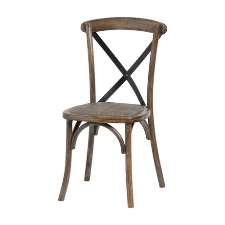 Hill Interiors Cross Back Dining Chair in brown solid wood with woven seat and black metal cross backrest, shown on a plain white background.