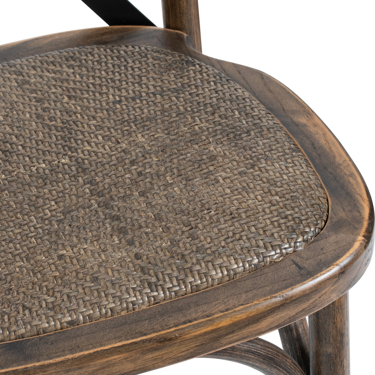 Close-up of the Hill Interiors Cross Back Dining Chair in brown, showing the woven rattan seat and solid timber frame with visible grain.
