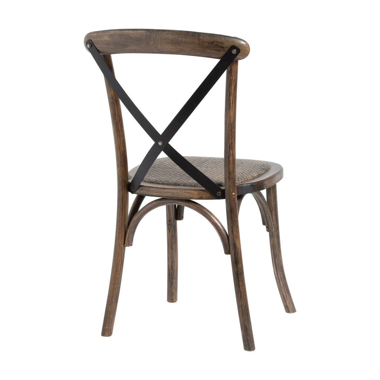 Hill Interiors Cross Back Dining Chair in brown solid wood with black metal cross back detail and shaped seat, shown from the rear on a white background.