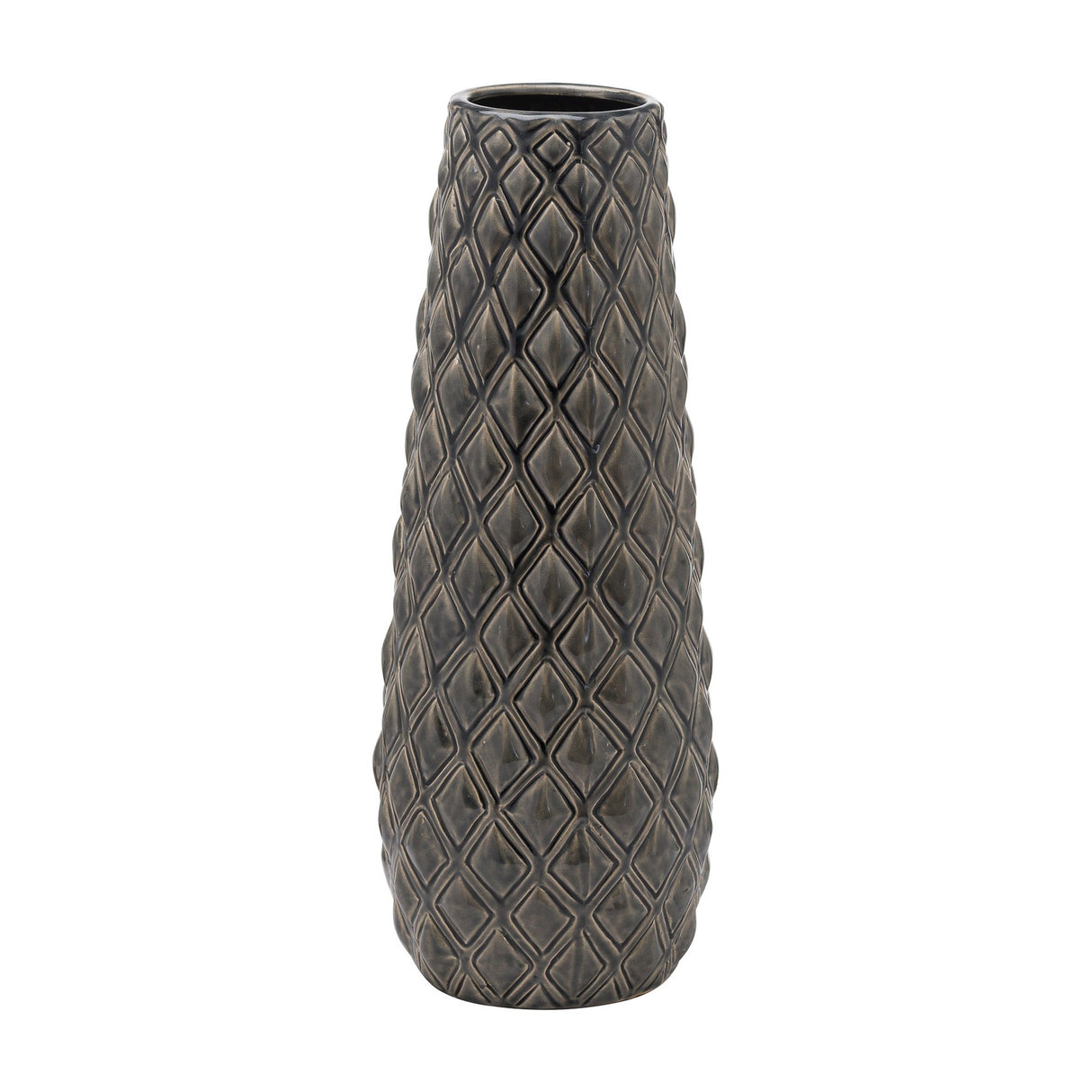 Hill Interiors Large Alpine 43cm ceramic vase with tapered form and diamond-textured dark grey-brown finish, shown on a plain white background.