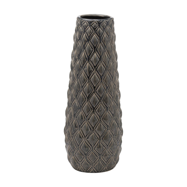 Hill Interiors Large Alpine 43cm ceramic vase with tapered form and diamond-textured dark grey-brown finish, shown on a plain white background.