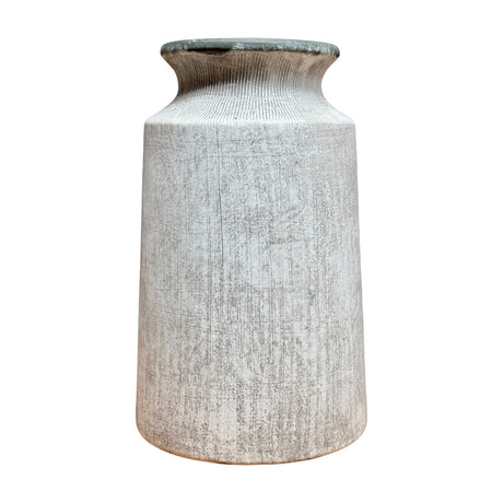 Hill Interiors urn-shaped ceramic vase in beige with a stone-effect matte finish, tapered neck and flared rim, shown against a plain white background.