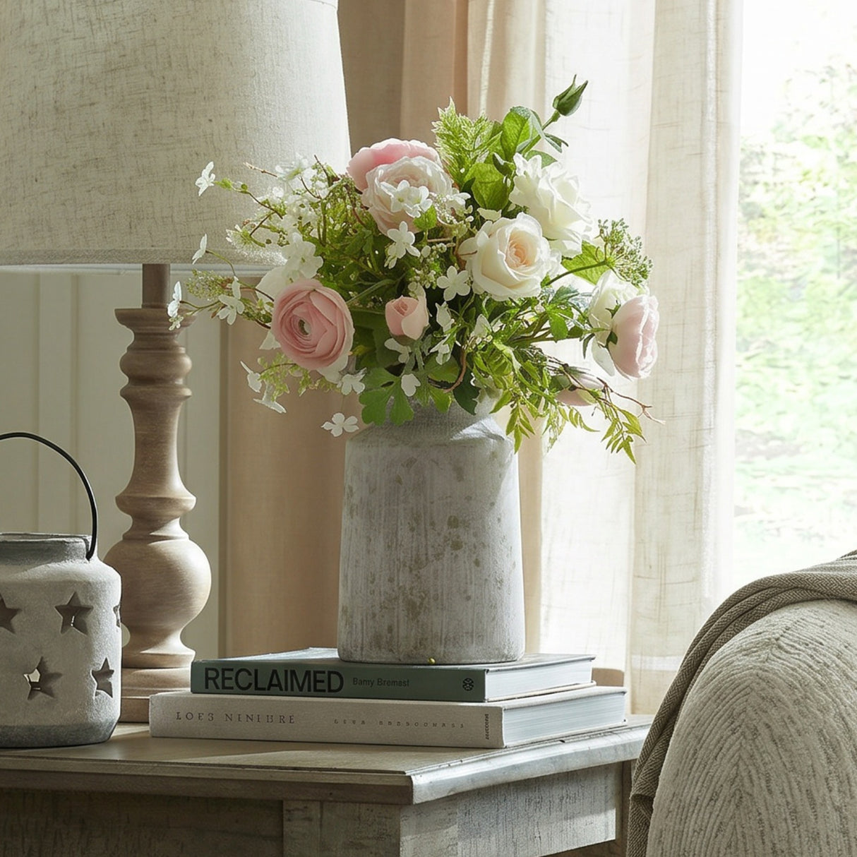 Hill Interiors urn-shaped stone-effect ceramic vase in beige holding pink roses and white blooms, styled on books beside a lamp by a sunlit window.