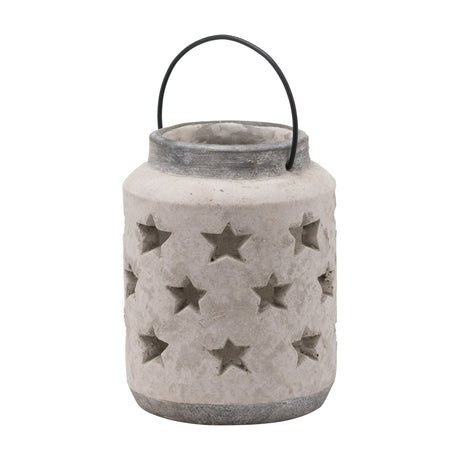 Hill Interiors large beige ceramic star lantern candle holder with stone-effect finish, pierced star cut-outs and black metal handle, on a white background.