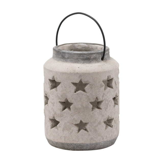 Hill Interiors large beige ceramic star lantern candle holder with stone-effect finish, pierced star cut-outs and black metal handle, on a white background.