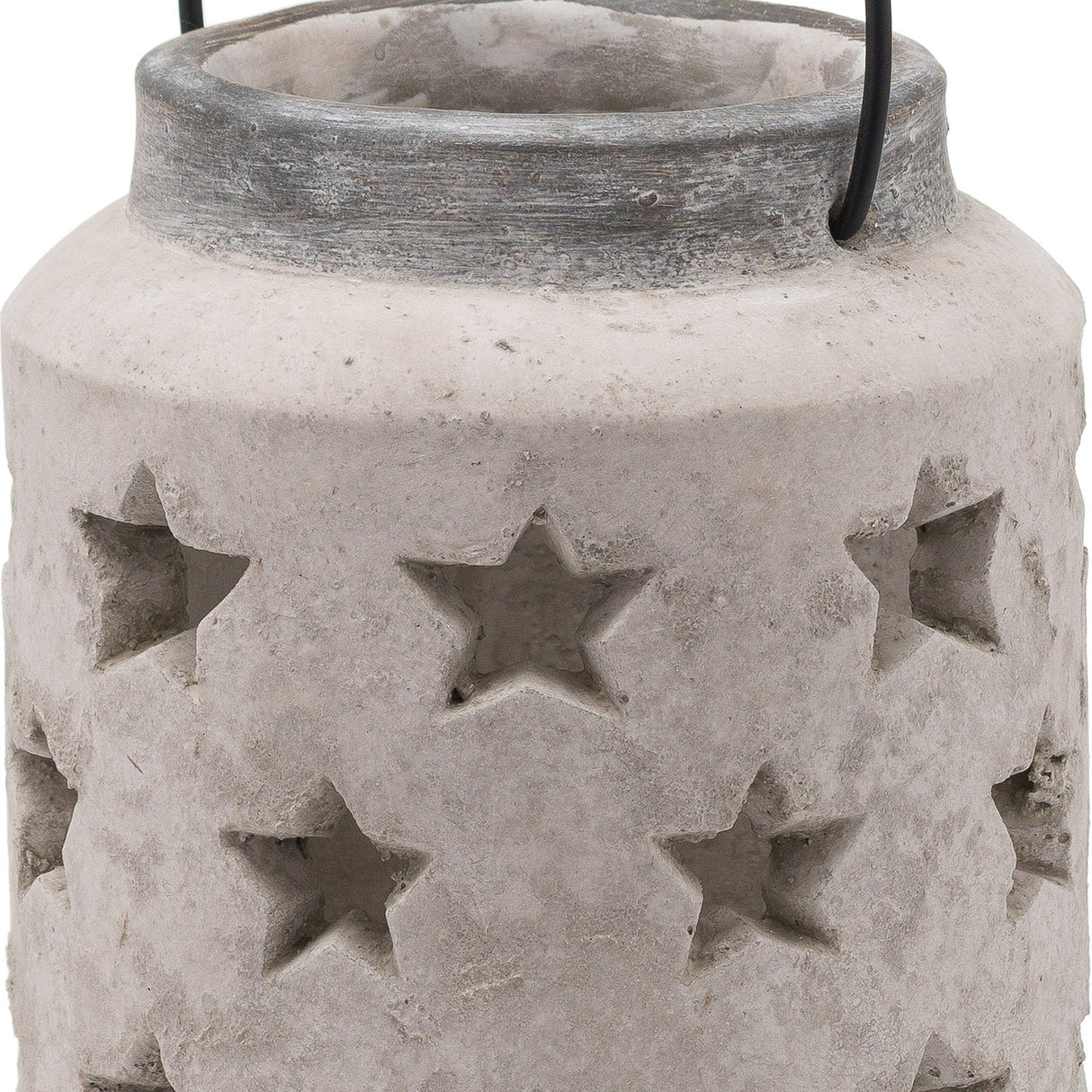 Hill Interiors large stone star lantern in beige ceramic with pierced star cut-outs, textured stone-effect finish and a dark rim with metal handle.