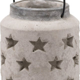 Hill Interiors large stone star lantern in beige ceramic with pierced star cut-outs, textured stone-effect finish and a dark rim with metal handle.