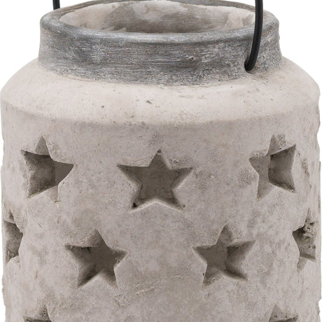 Hill Interiors large stone star lantern in beige ceramic with pierced star cut-outs, textured stone-effect finish and a dark rim with metal handle.