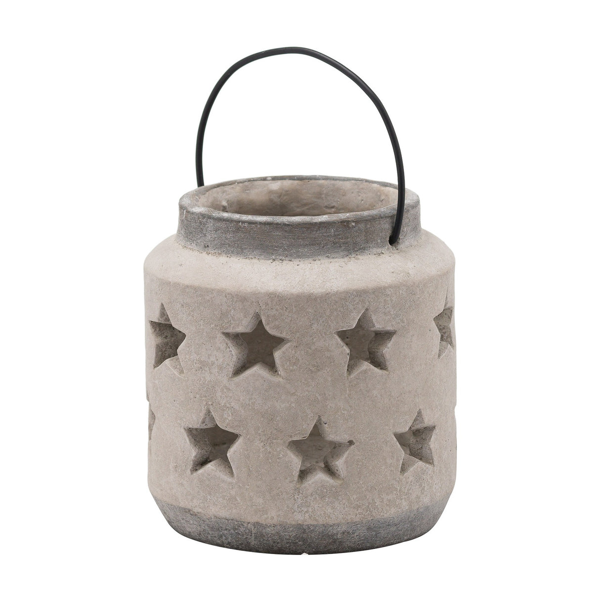 Hill Interiors Stone Star beige ceramic lantern candle holder with pierced star cut-outs and black metal carry handle, on a plain white background.