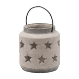 Hill Interiors Stone Star beige ceramic lantern candle holder with pierced star cut-outs and black metal carry handle, on a plain white background.