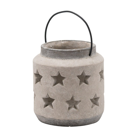 Hill Interiors Stone Star beige ceramic lantern candle holder with pierced star cut-outs and black metal carry handle, on a plain white background.