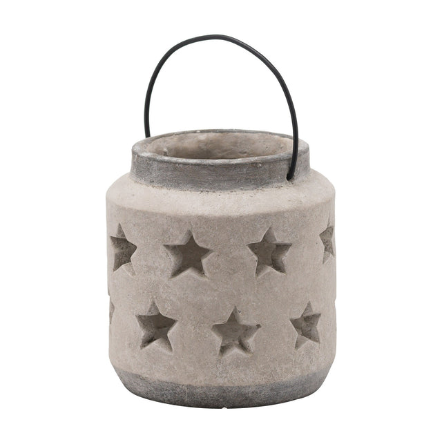 Hill Interiors Stone Star beige ceramic lantern candle holder with pierced star cut-outs and black metal carry handle, on a plain white background.