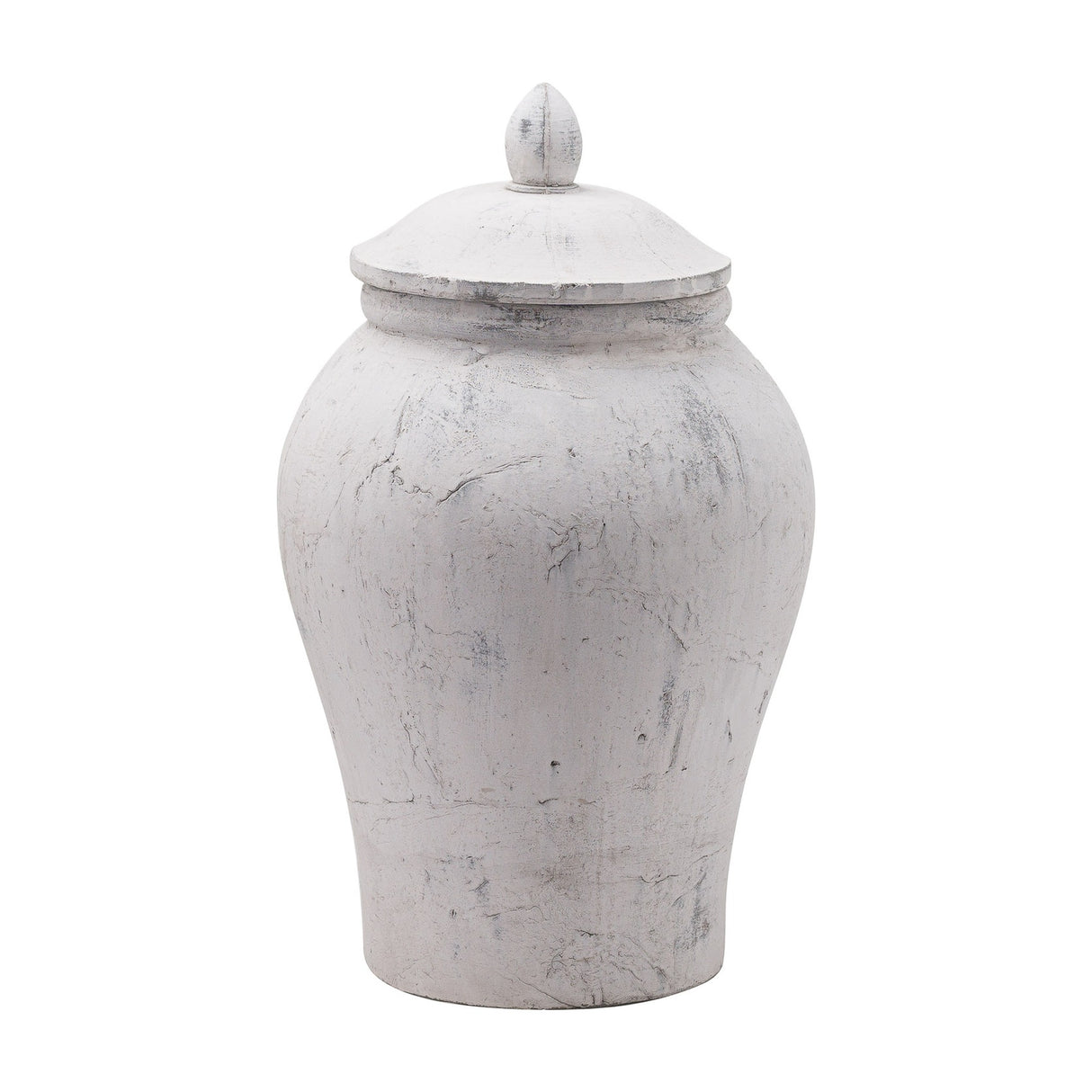 Hill Interiors Large Stone Ceramic Ginger Jar Vase in beige with a rounded body, narrow neck and domed lid with pointed finial, on a white background.