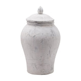 Hill Interiors Large Stone Ceramic Ginger Jar Vase in beige with a rounded body, narrow neck and domed lid with pointed finial, on a white background.
