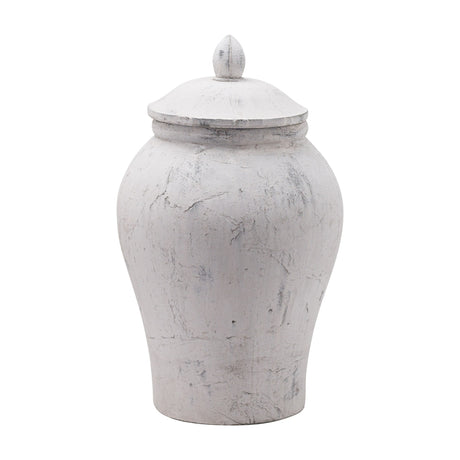 Hill Interiors Large Stone Ceramic Ginger Jar Vase in beige with a rounded body, narrow neck and domed lid with pointed finial, on a white background.