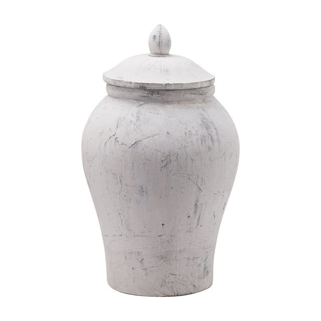 Hill Interiors Large Stone Ceramic Ginger Jar Vase in beige with a rounded body, narrow neck and domed lid with pointed finial, on a white background.