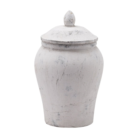 Hill Interiors Stone Ginger Jar ceramic vase in beige with a rounded body, tapered neck and domed lid with pointed finial, shown on a white background.